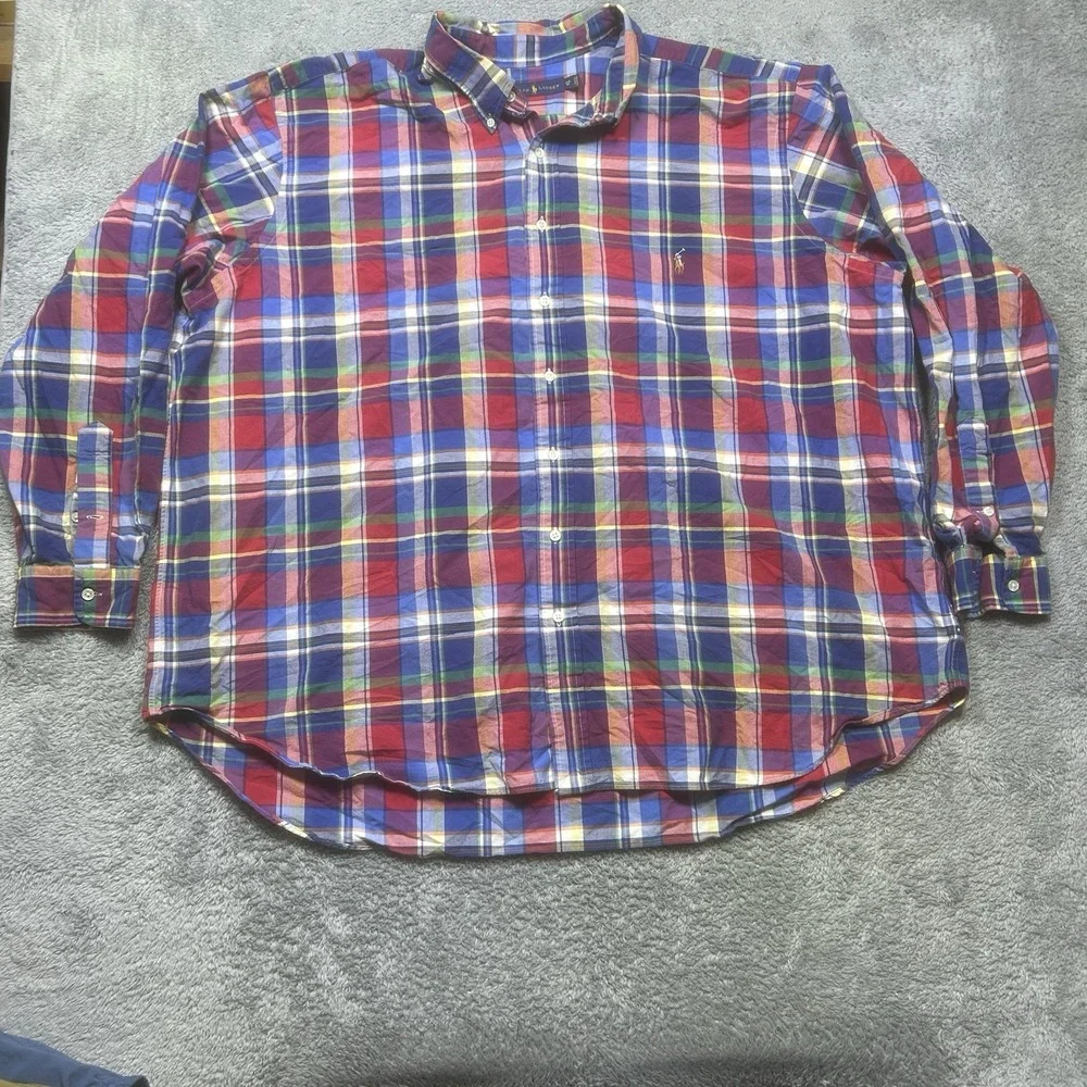 Ralph Lauren Oxford Shirt Men 3XB Madras Plaid Long Sleeve‎ Flesh Pony Button Up
